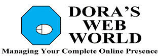 Website Management, Internet Consulting, Internet Marketing, Website Design and Website Management & Internet Marketing Consulting and Training Company in Toronto, Ontario, Canada Logo which is image of blue octagon with computer mouse in white with a black outline near center and the wording Dora's Web World on right and Managing Your Complete Online Presence below image
